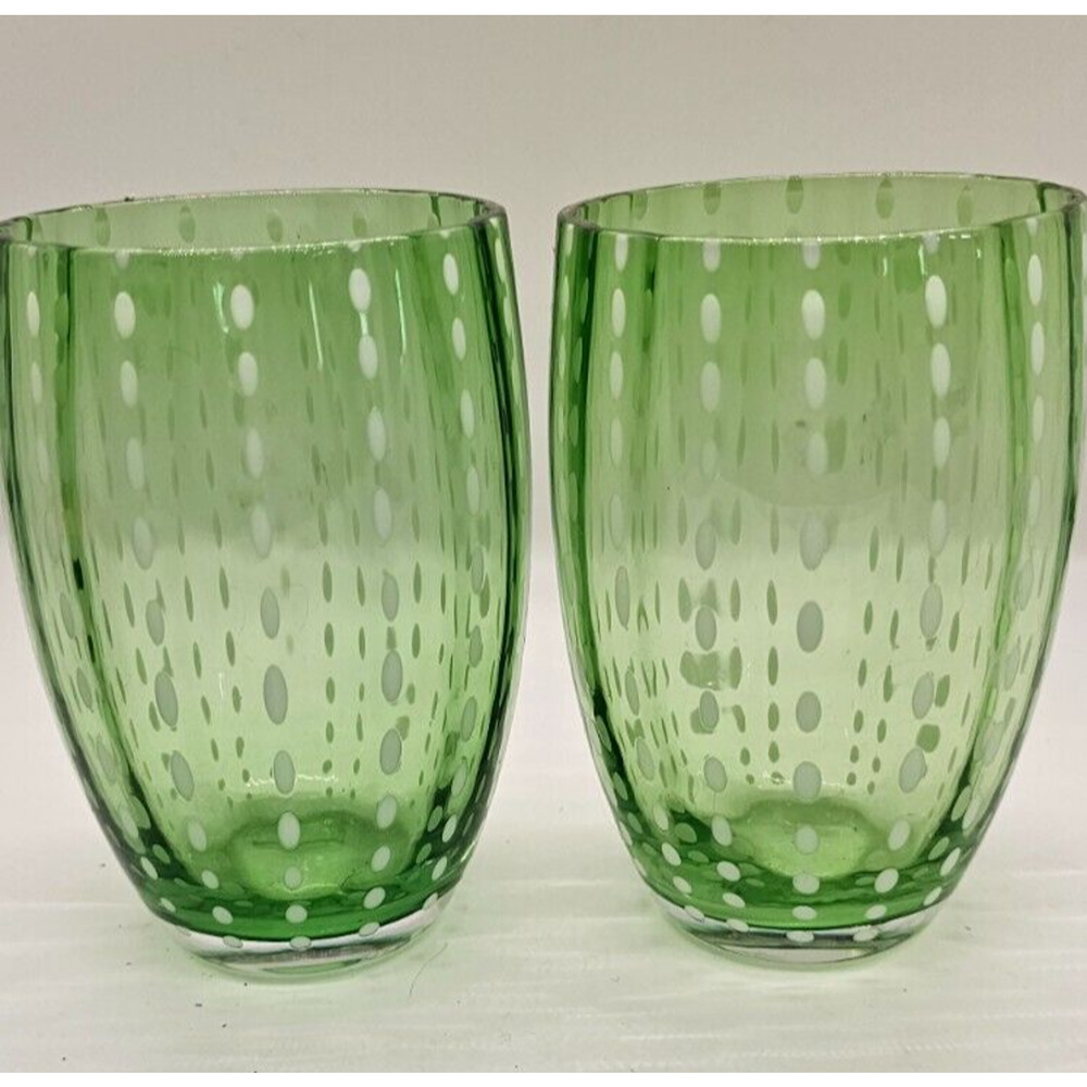 Zafferano Perle Art Glass Beverage Glass Tumbler British Green signed‎ Set of 2